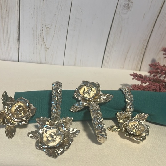 Princess House 4 Silver Plated Rose Napkin Rings & Name Cards Holders Circa 70's - Picture 3 of 8